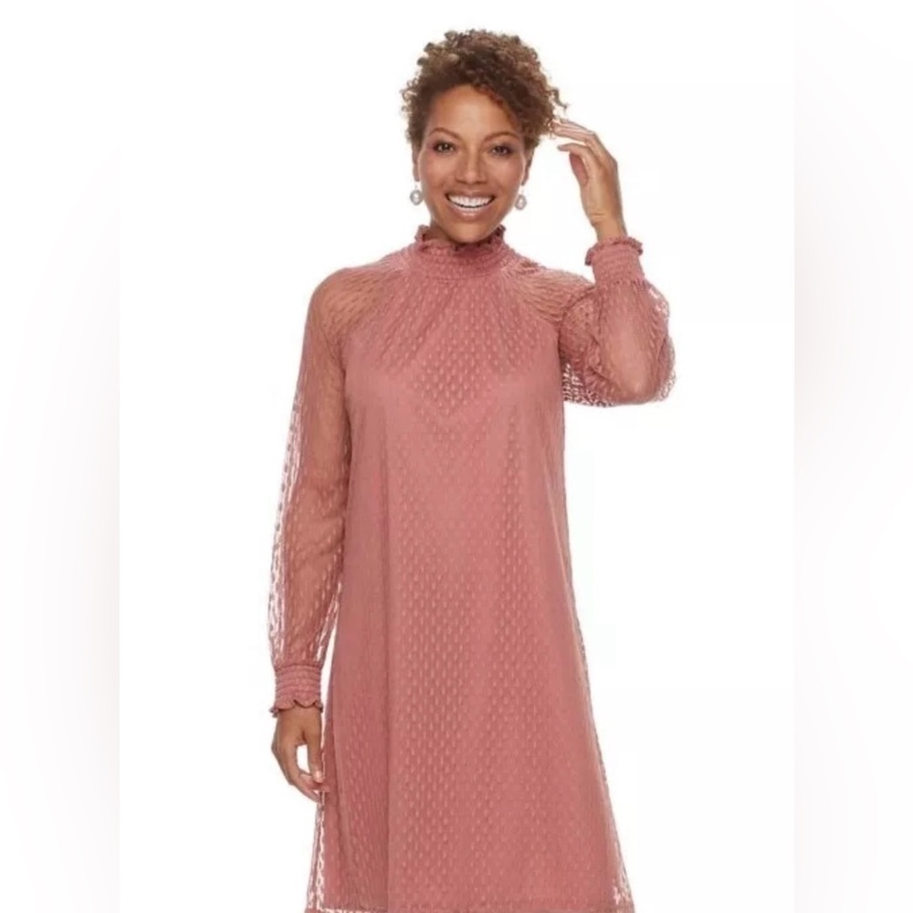 Nina Leonard Shirred Mock Neck Long Sleeve Dress In Color Rouge